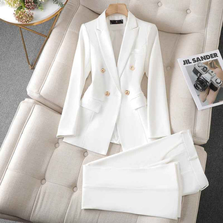 Women's Elegant Double-Breasted Blazer and Straight Trouser Suit White