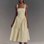 Women's A-Line Midi Dress – Open Back Bow Detail – Square Neck – Lightweight Fabric Apricot