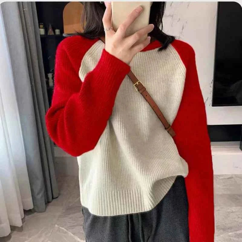 Women's Colorblock Knitted Sweater – Relaxed Fit with Raglan Sleeves Red One Size