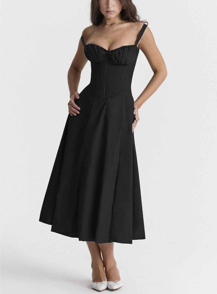 Women's A-Line Midi Dress – Sleeveless Floral Print with Bow Detail Black