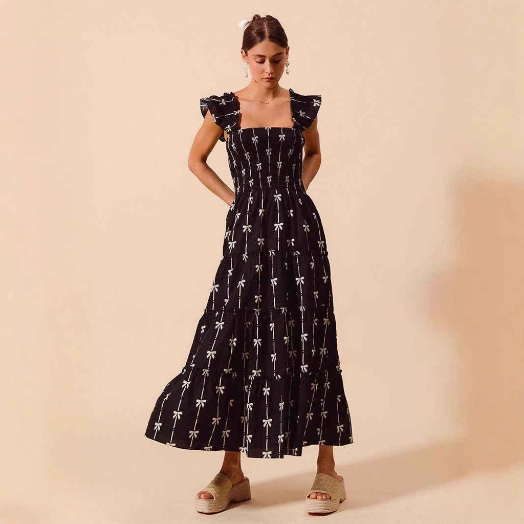 Women's A-Line Maxi Dress - Smocked Bodice, Ruffled Straps, Breathable Cotton