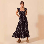 Women's A-Line Maxi Dress - Smocked Bodice, Ruffled Straps, Breathable Cotton