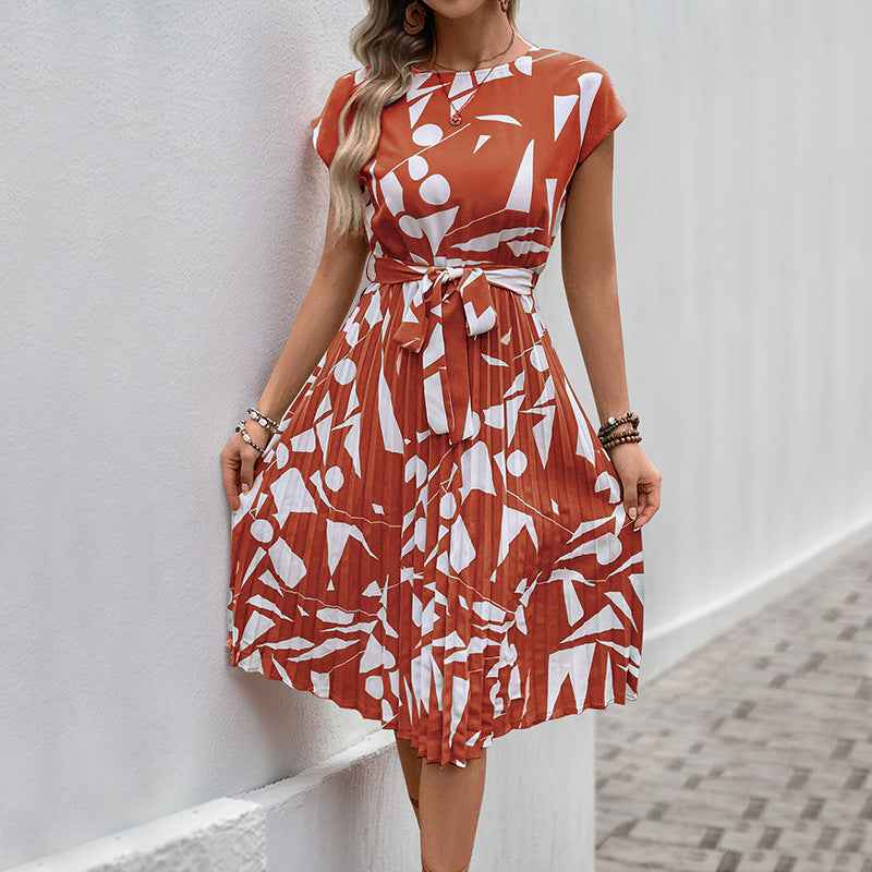 Women's Pleated Fit and Flare Midi Dress – Geometric Print – Short Sleeve with Belt Red White