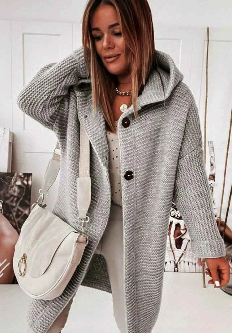 Women's Oversized Hooded Knitted Cardigan – Longline Button-Front Grey