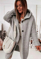 Women's Oversized Hooded Knitted Cardigan – Longline Button-Front Grey