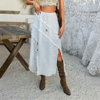 Women's Relaxed Fit Midi Skirt – Cotton Blend with Ruffles & Lace-Up Closure White