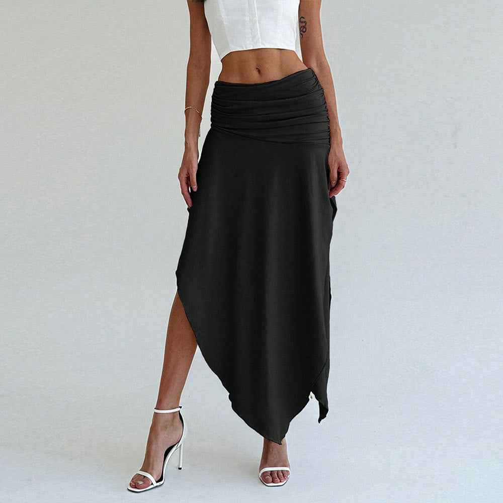 Women's Elegant Midi Skirt – Ruched Waist – Asymmetrical Hem – Luxe Fabric