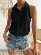 Women's Relaxed Fit Sleeveless Blouse – Shiny Luxury Fabric – Button Closure – Hip Length Black