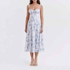 Women's A-Line Midi Dress – Sleeveless Floral Print with Bow Detail