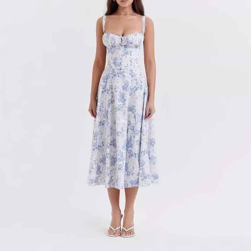Women's A-Line Midi Dress – Sleeveless Floral Print with Bow Detail