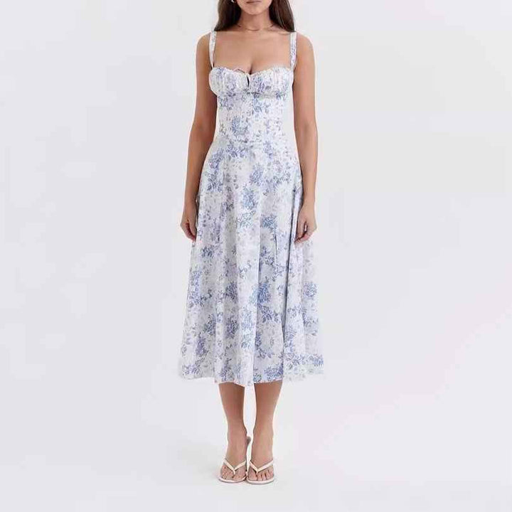 Women's A-Line Midi Dress – Sleeveless Floral Print with Bow Detail