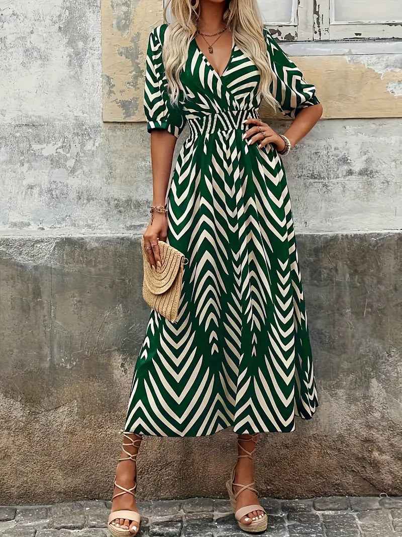 Women's A-line Midi Dress – V-neck Wrap with Pleated Sleeves & Belt Green