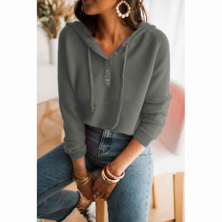 Women's Relaxed Fit Hoodie – Knitted Texture, Raglan Sleeves, Button Detail, Drawstring Hood Grey