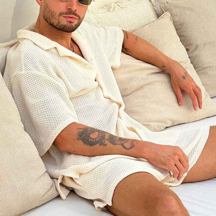 Men's Casual Button-Up Shirt and Drawstring Shorts Set – Relaxed Fit, Breathable Fabric