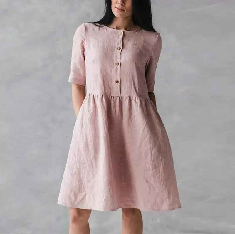 Women's Relaxed Fit Midi Dress – Breathable Fabric, Button Closure & Pockets