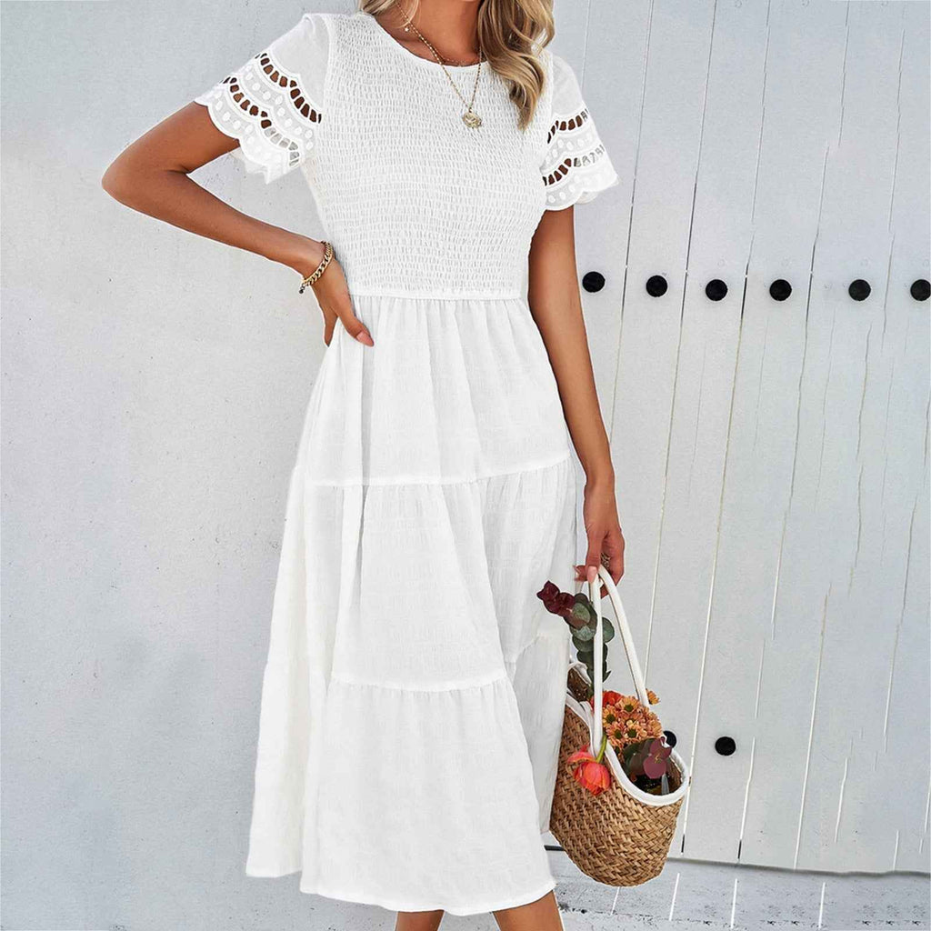 Women's Breathable Midi Dress with Smocked Bodice, Layered Skirt, and Ruffled Sleeves White