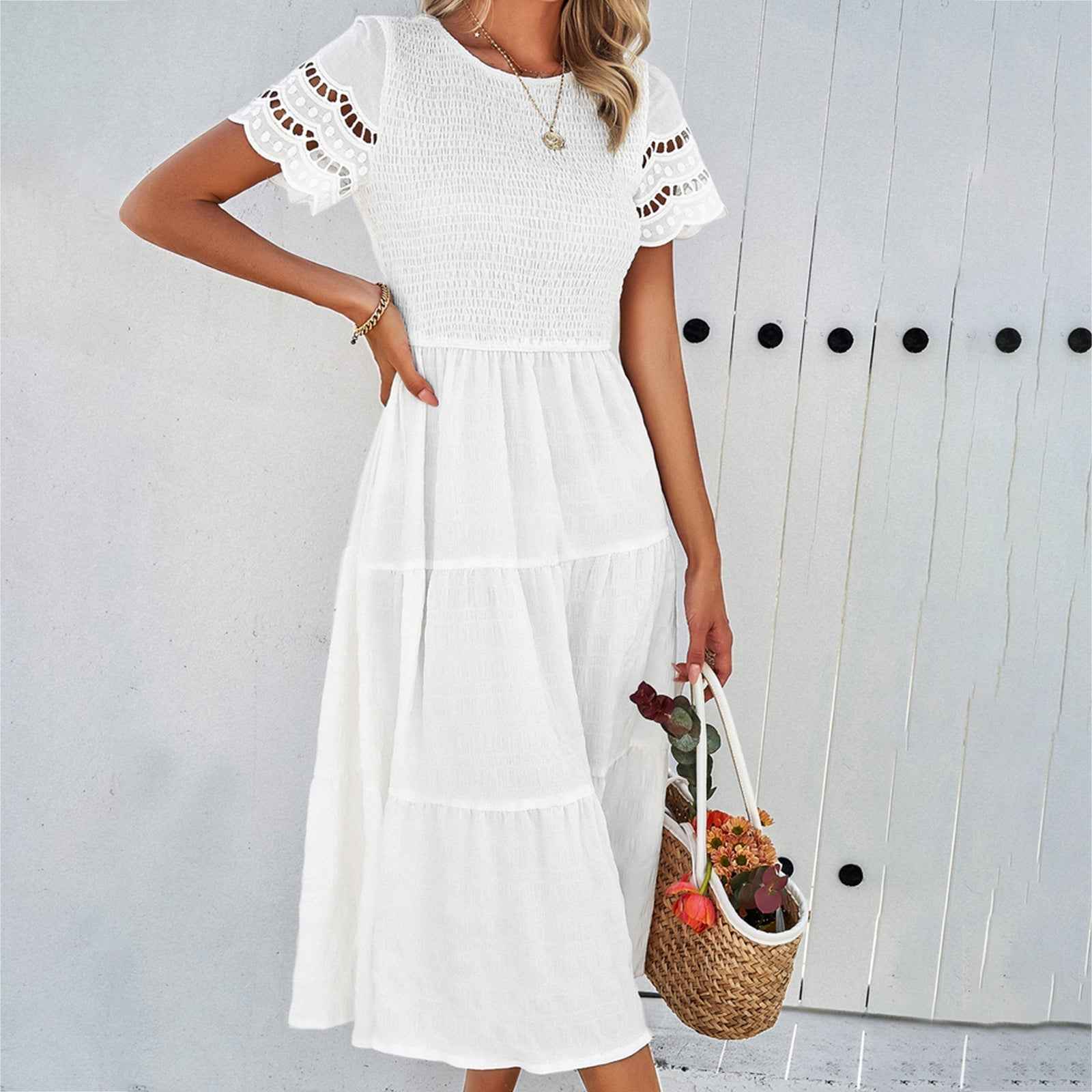 Women's Breathable Midi Dress with Smocked Bodice, Layered Skirt, and Ruffled Sleeves White