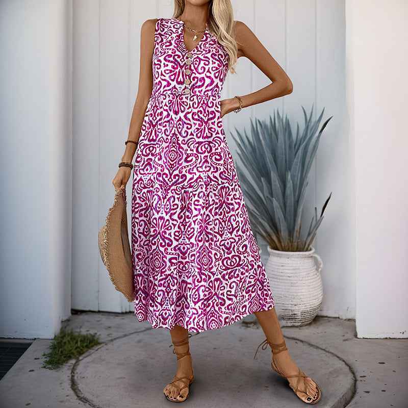 Women's A-Line Midi Dress – V-Neck – Cotton – Front Button Design – Lightweight and Comfortable Rose Red