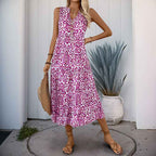 Women's A-Line Midi Dress – V-Neck – Cotton – Front Button Design – Lightweight and Comfortable Rose Red