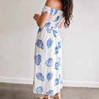 Women's A-Line Midi Dress – Off-Shoulder Smock Top – Cotton Blend – Shell Print