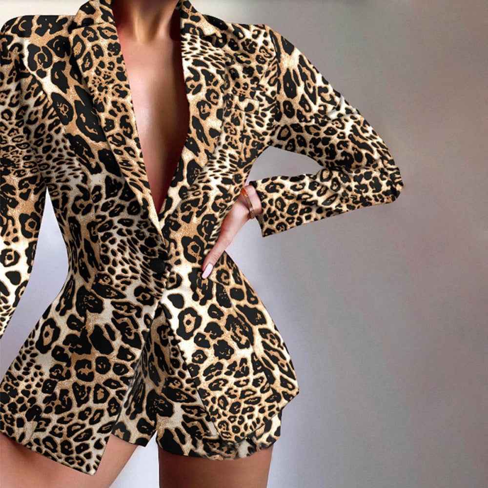 Women's Tailored Satin Look Blazer and Leopard Print Shorts Set Leopard Print