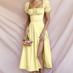 Women's A-Line Off-Shoulder Midi Dress with Puff Sleeves and Bow Detail