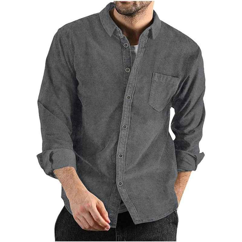 Men's Long Sleeve Corduroy Shirt - Button Closure & Chest Pocket Grey