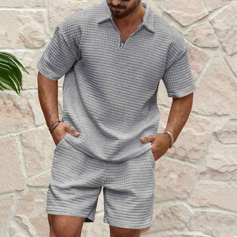 Men's Relaxed Fit Waffle Texture Set – Breathable Short Sleeves & Shorts Light Grey