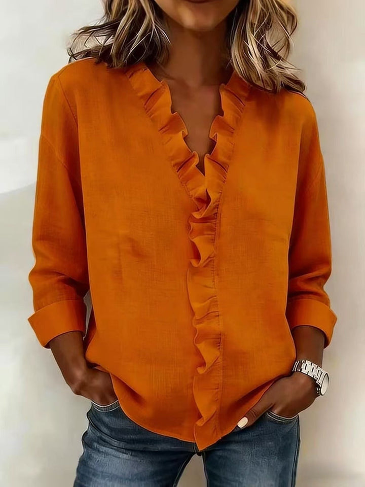 Women's Elegant V-neck Ruffles Blouse Orange