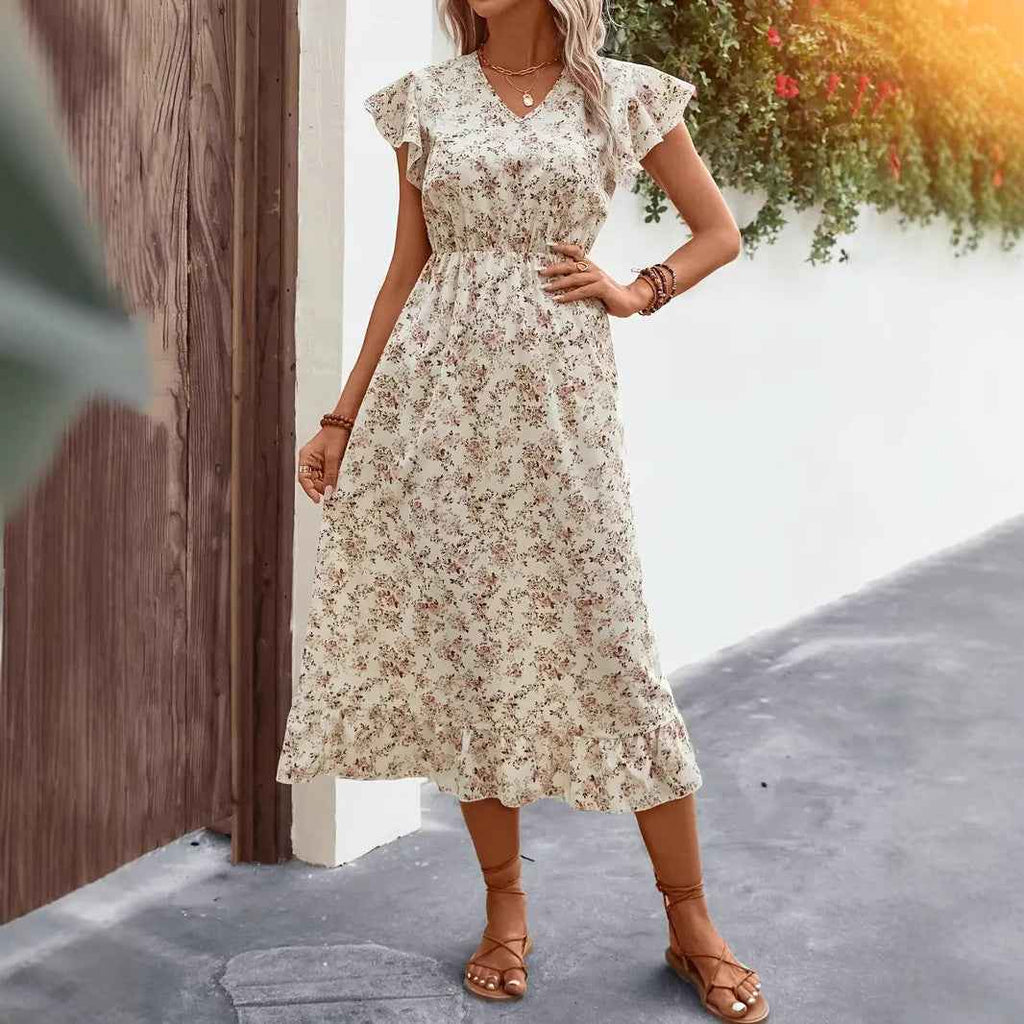 Women's V-Neck Midi Dress with Butterfly Sleeves and Ruffled Hem - Relaxed Fit