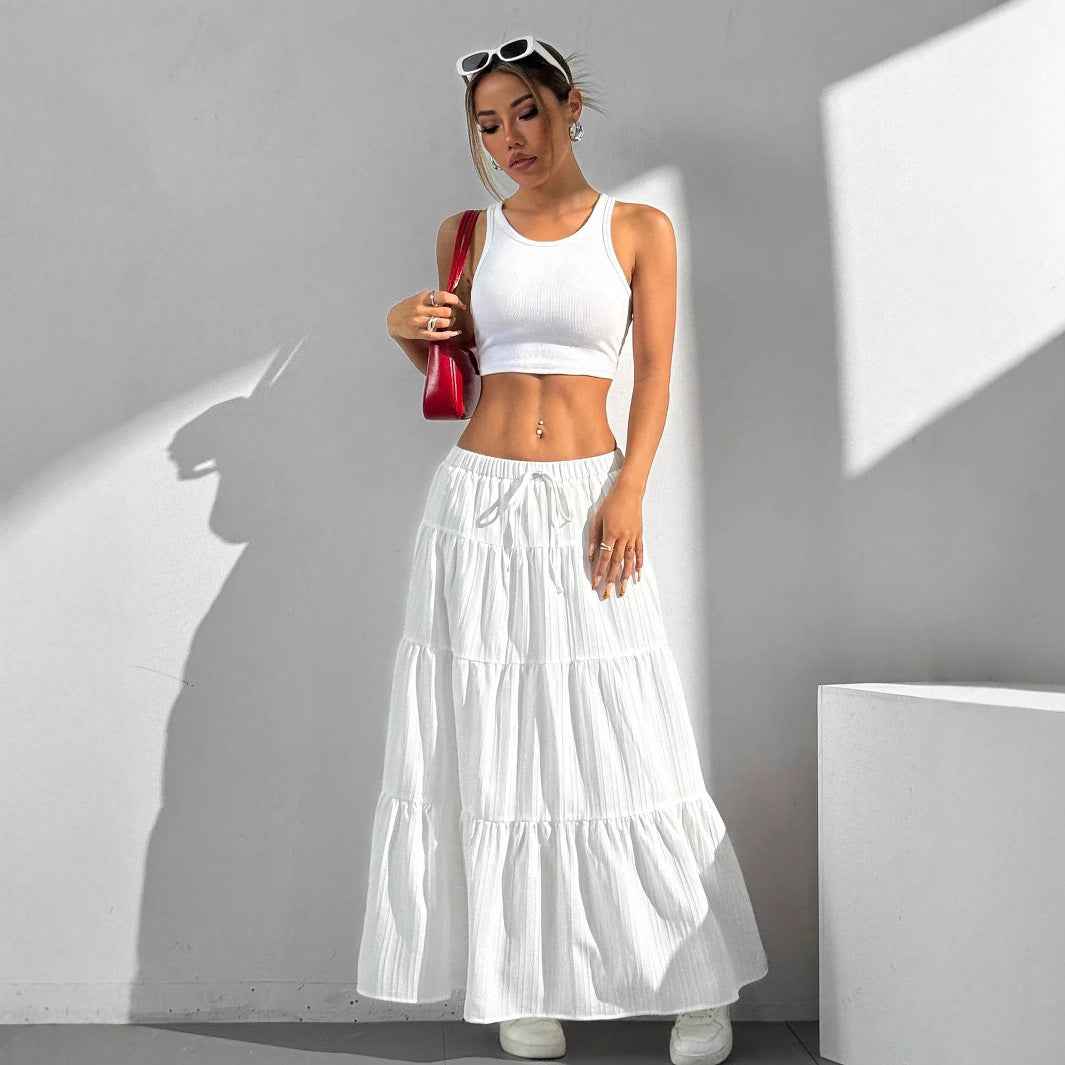 Women's A-line Maxi Skirt with Layered Ruffles and Drawstring Waist