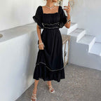 Women's Off-Shoulder Midi Dress with Ruffled Hem – Boho Style – Cotton Blend