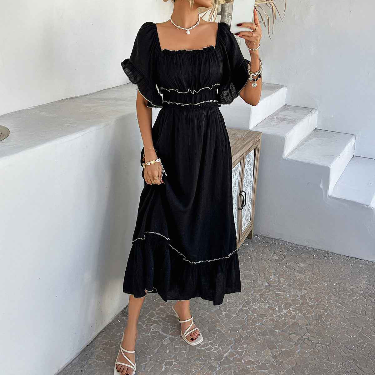 Women's Off-Shoulder Midi Dress with Ruffled Hem – Boho Style – Cotton Blend