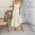 Women's A-Line Summer Dress – Sleeveless Linen Blend with Cut-Out Detail Apricot