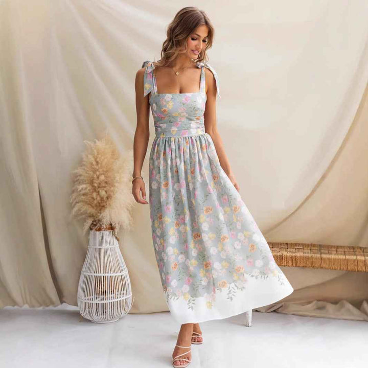 Women's Floral Midi Dress – Fit and Flare Design – Spaghetti Straps with Bow – Lightweight Fabric Grey