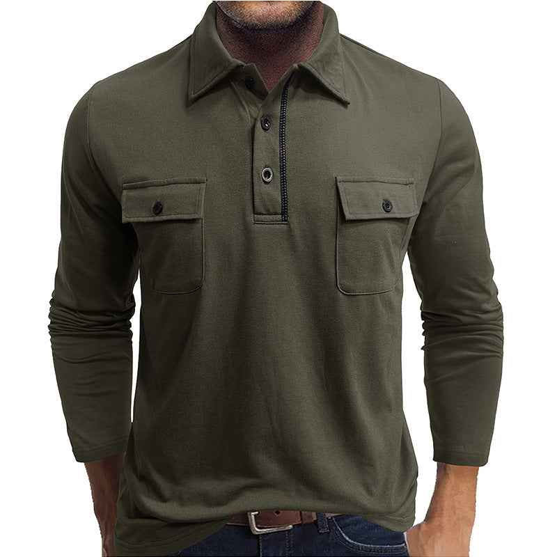 Men's Long Sleeve Polo Shirt – Regular Fit – Cotton Blend – Double Chest Pockets Green