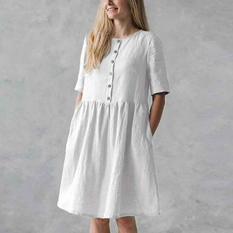 Women's Relaxed Fit Midi Dress – Breathable Fabric, Button Closure & Pockets