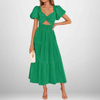 Women's A-Line Midi Dress with Smocked Waist, Puff Sleeves, and V-Neck – Cotton Blend Green