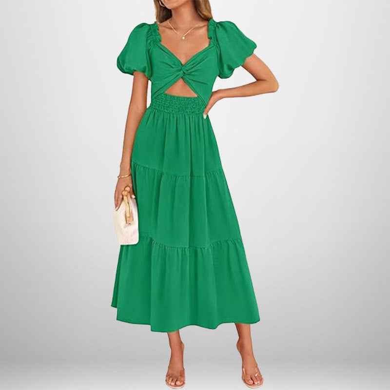 Women's A-Line Midi Dress with Smocked Waist, Puff Sleeves, and V-Neck – Cotton Blend Green