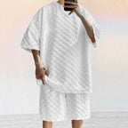 Men's Casual Shirt and Shorts Set – Soft Loose Fit Jacquard Knit White