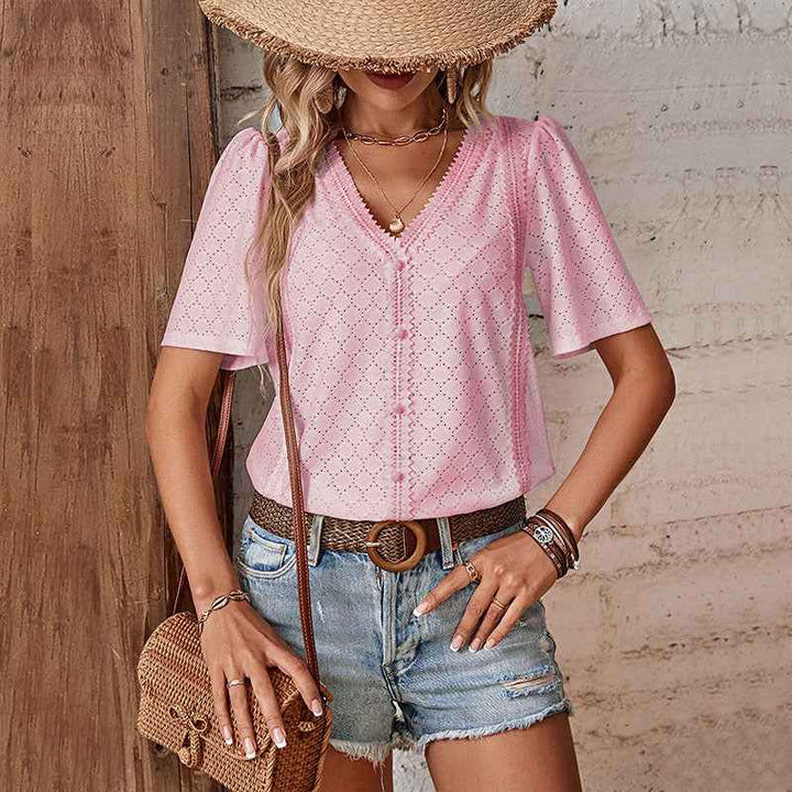 Women's Relaxed Fit V-Neck Cotton Blouse with Lace and Embroidery – Short Sleeve Pink