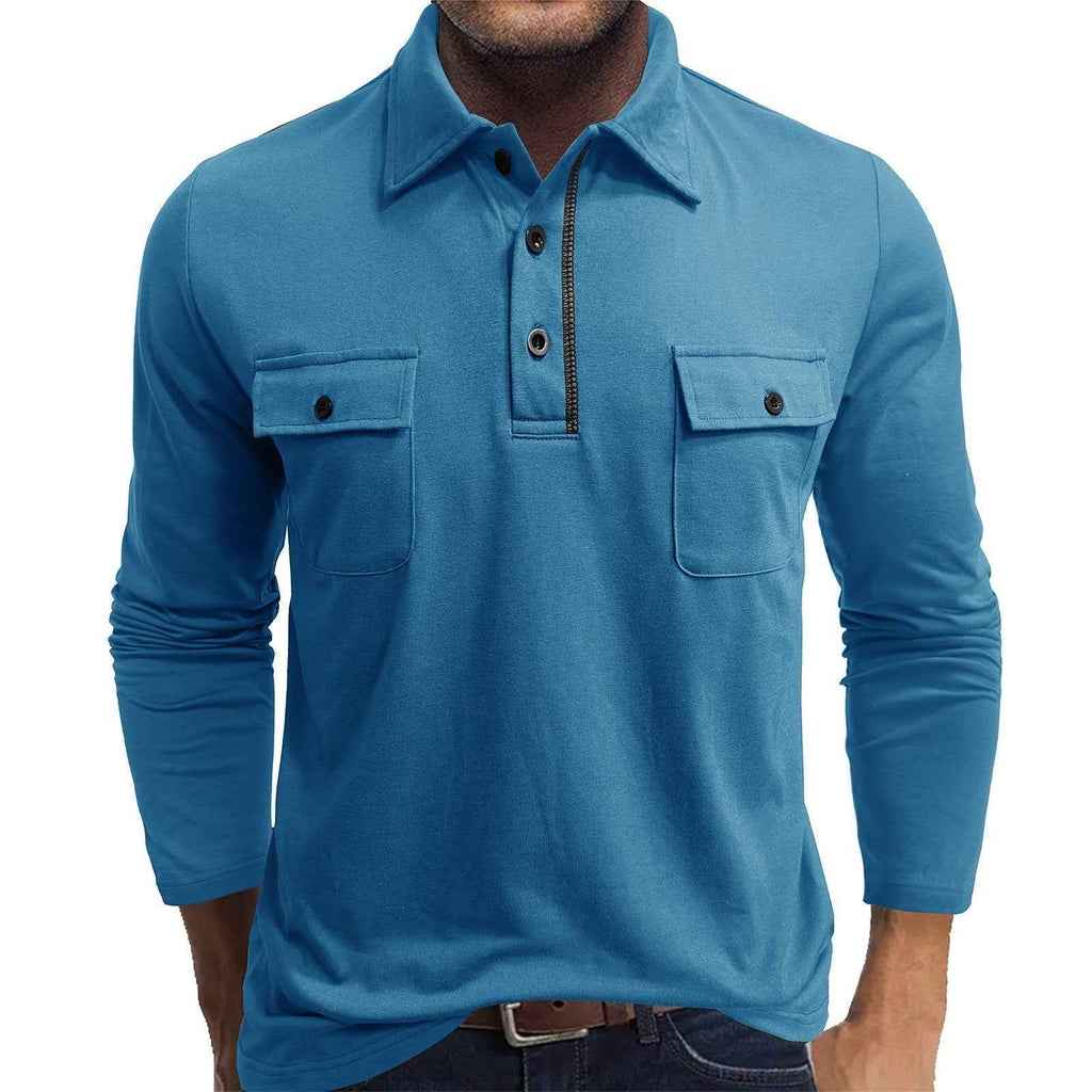 Men's Long Sleeve Polo Shirt – Regular Fit – Cotton Blend – Double Chest Pockets Light Blue