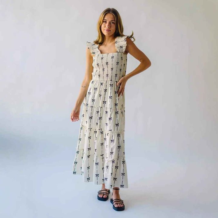 Women's A-Line Maxi Dress - Smocked Bodice, Ruffled Straps, Breathable Cotton White