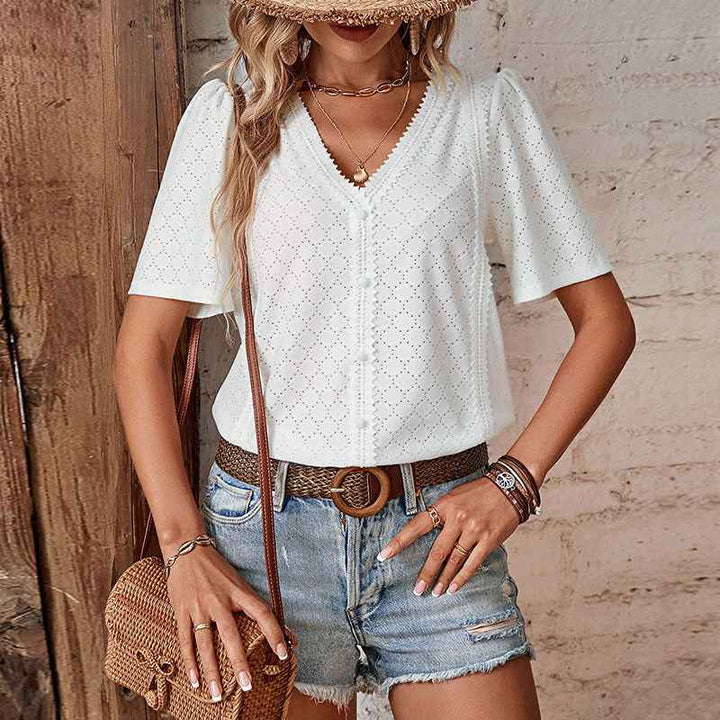 Women's Relaxed Fit V-Neck Cotton Blouse with Lace and Embroidery – Short Sleeve White