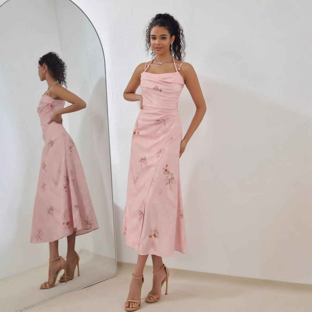 Women's A-Line Midi Dress – Satin Finish – Strappy Floral Design