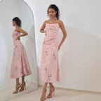 Women's A-Line Midi Dress – Satin Finish – Strappy Floral Design