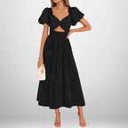 Women's A-Line Midi Dress with Smocked Waist, Puff Sleeves, and V-Neck – Cotton Blend Black