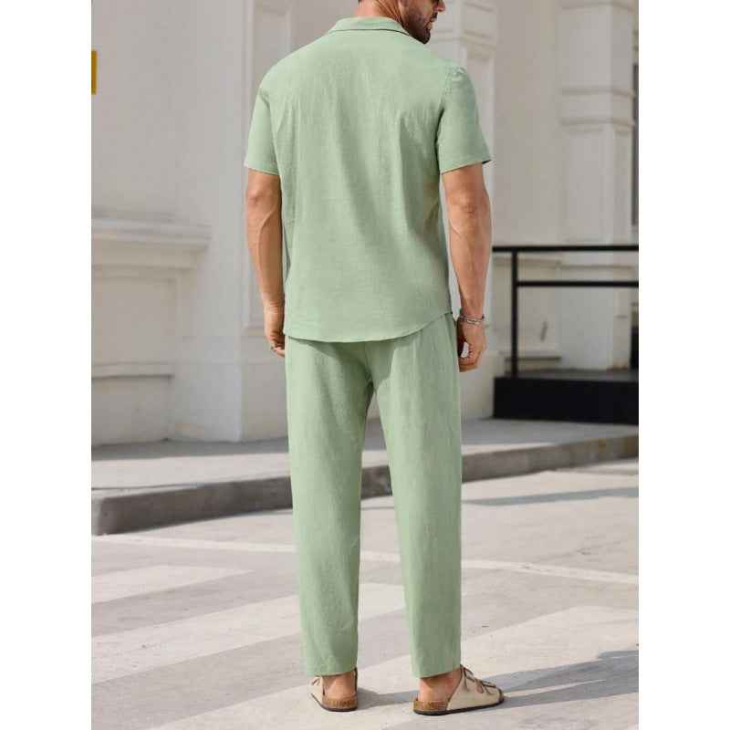 Men's Relaxed Fit Two-Piece Set – Breathable Fabric – Short Sleeve & Long Pants