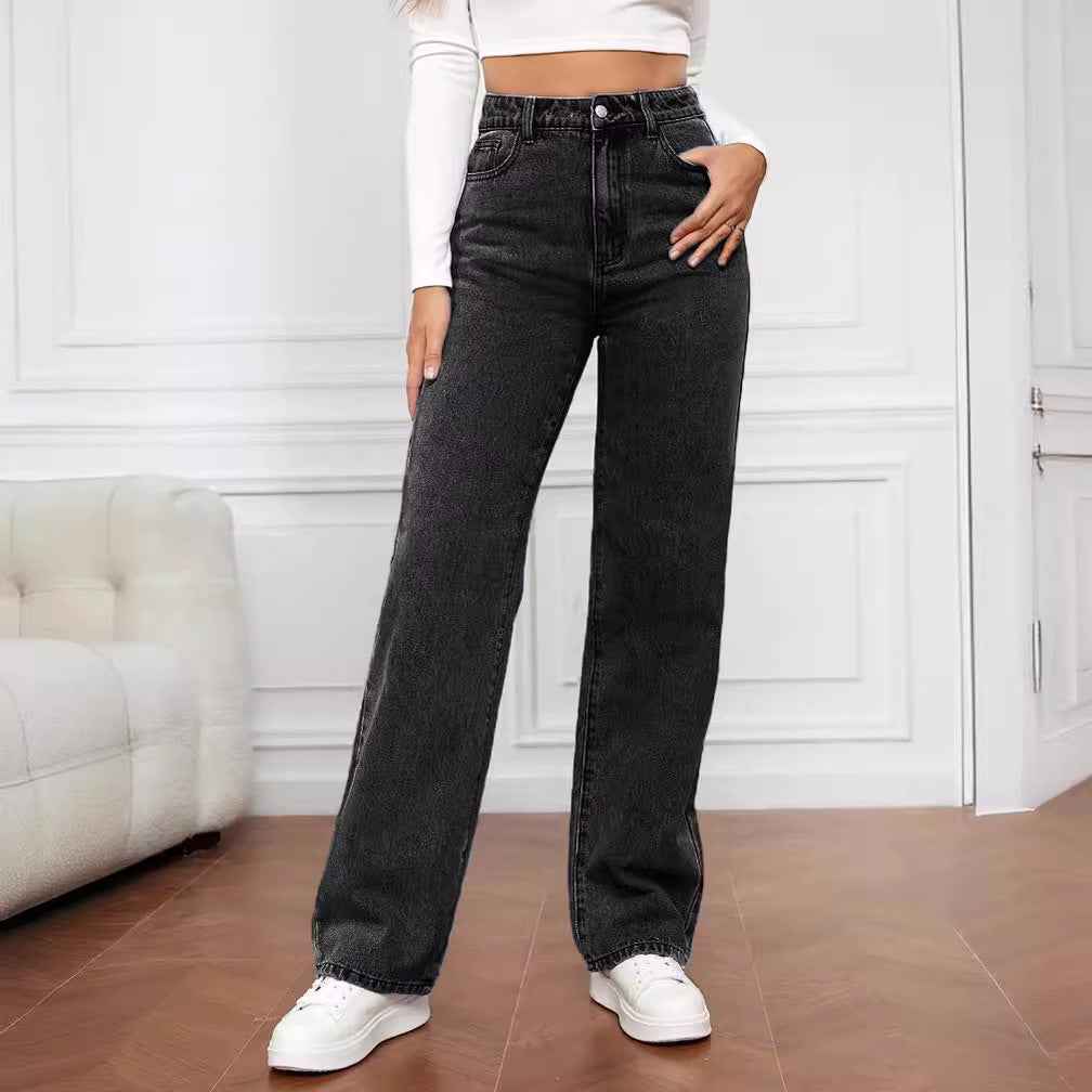Women's High Waist Straight Leg Denim Jeans - Full Length Casual Fit Black