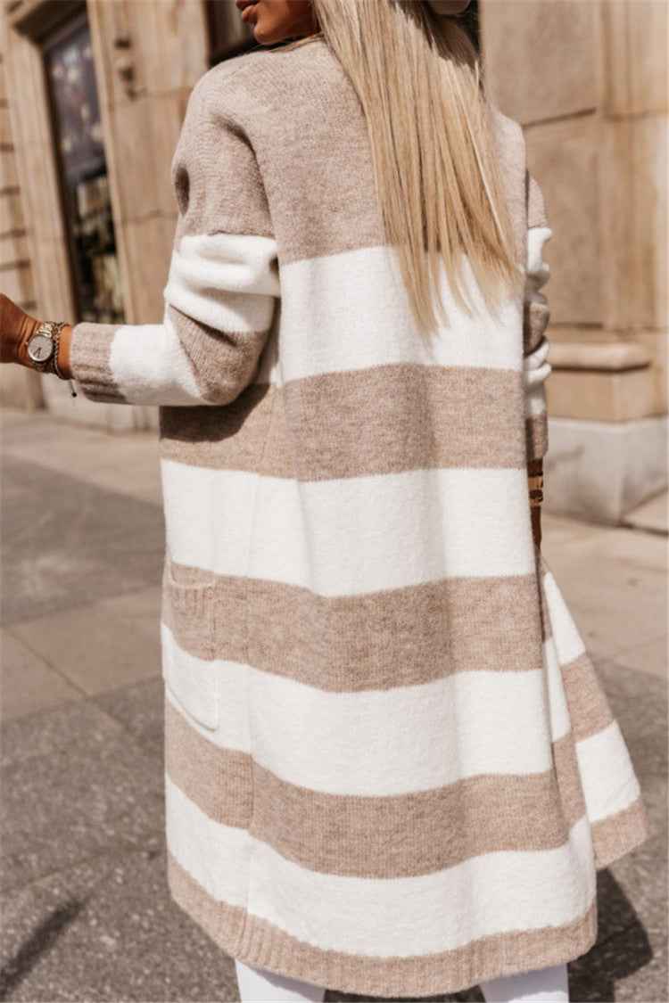 Women's Oversized Striped Knitted Cardigan – Long Open Front Style Khaki